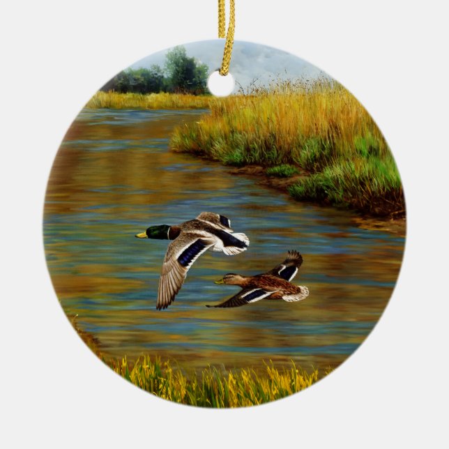 Mallard Ducks Flying Over Pond Ceramic Tree Decoration (Front)