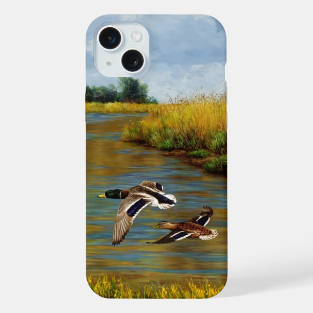 Mallard Ducks Flying Over Pond iPhone Case (Back)