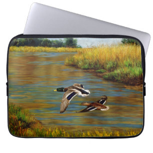 Mallard Ducks Flying Over Pond Laptop Sleeve
