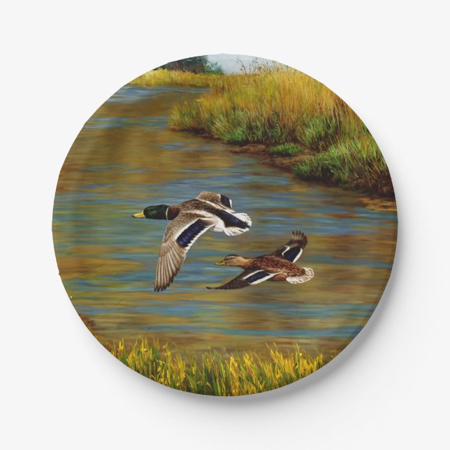 Mallard Ducks Flying Over Pond Paper Plate (Front)