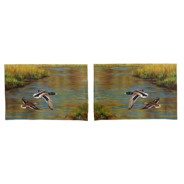 Mallard Ducks Flying Over Pond Pillowcase (Front-Set)