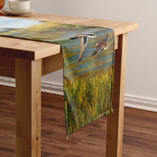 Mallard Ducks Flying Over Pond Short Table Runner (In Situ)