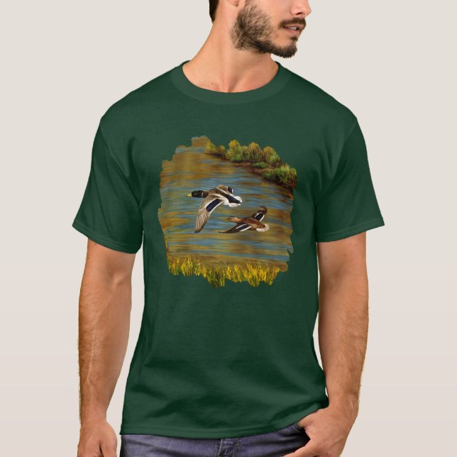 Mallard Ducks Flying Over Pond T-Shirt (Front)