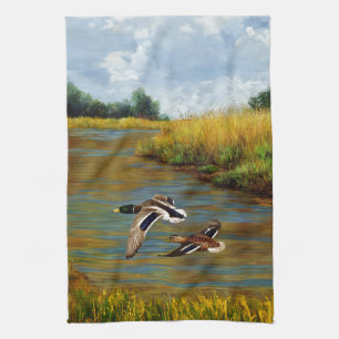 Mallard Ducks Flying Over Pond Tea Towel