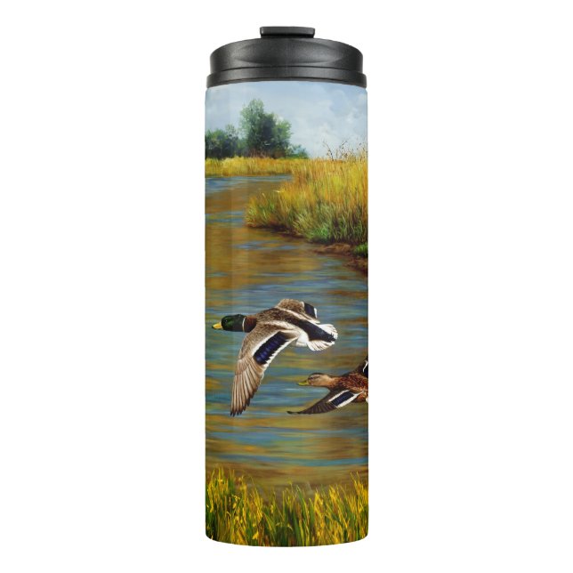 Mallard Ducks Flying Over Pond Thermal Tumbler (Front)