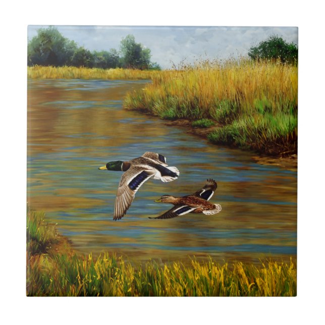Mallard Ducks Flying Over Pond Tile (Front)