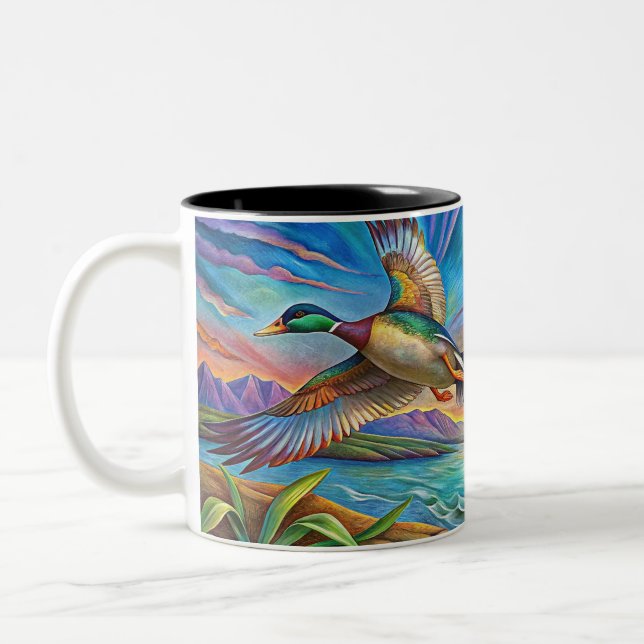 MALLARD DUCKS FLYING Two-Tone COFFEE MUG (Left)