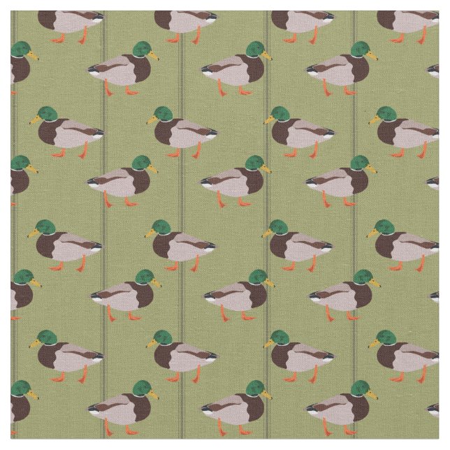 Mallard Ducks Illustrations on Olive Green  Fabric (Close Up)