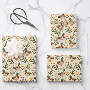 Mallard Ducks in A Forest Pattern Wrapping Paper Sheet