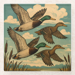 Mallard Ducks in Flight Wildlife Art Glass Coaster