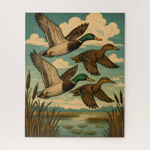 Mallard Ducks in Flight Wildlife Art Jigsaw Puzzle
