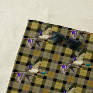 Mallard Ducks On Hunters Plaid  Beach Towel