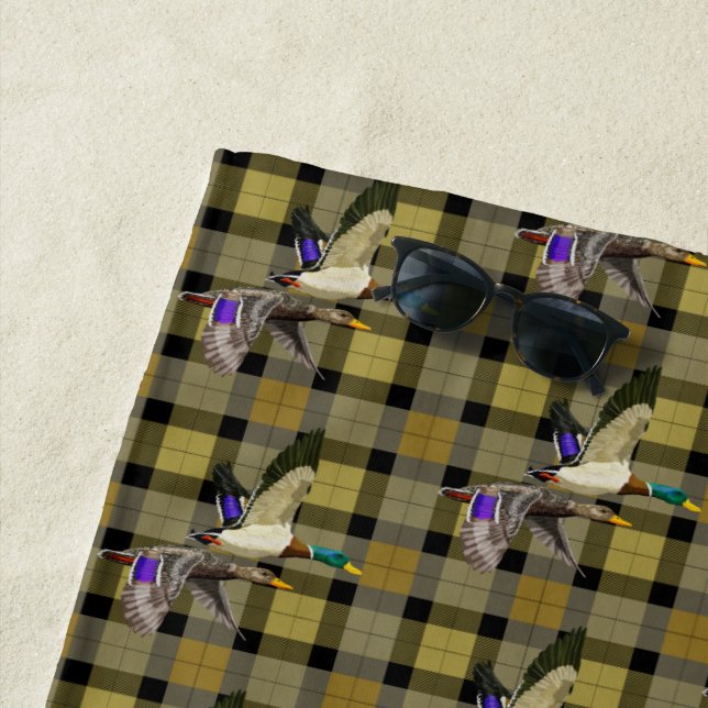 Mallard Ducks On Hunters Plaid  Beach Towel (In Situ)