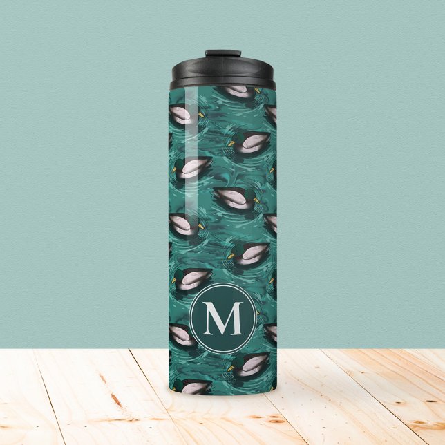 Mallards Swimming in the Water Pattern Thermal Tumbler (Mallards in the water monogram tumbler)