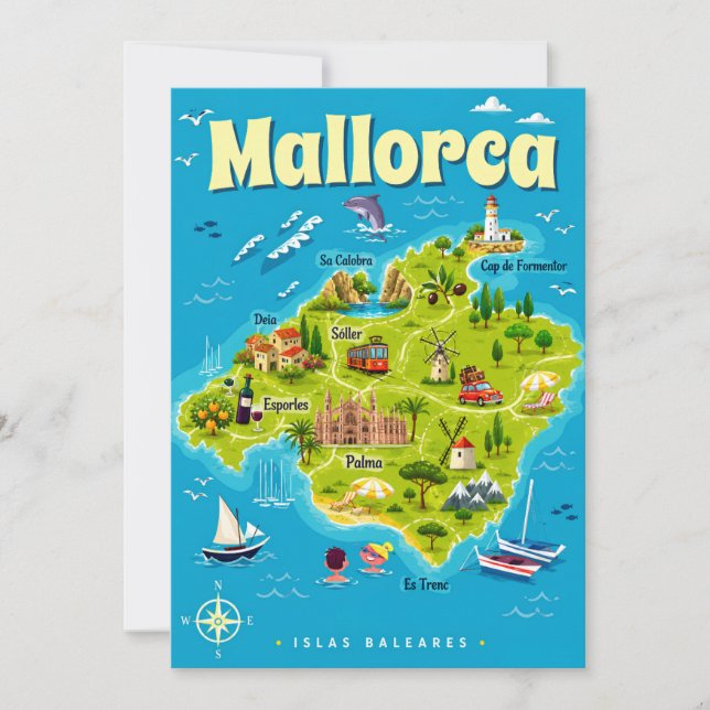 Mallorca Coastal Watercolor Map Postcard (Front)
