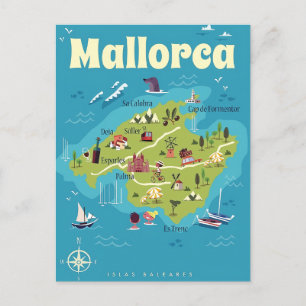 Mallorca Illustrated Map Postcard