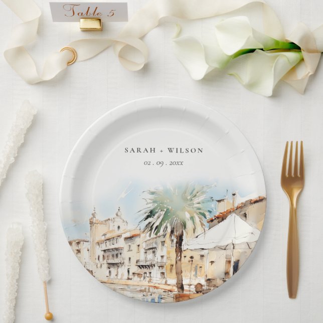 Mallorca Spain Watercolor Landscape Wedding Paper Plate (Wedding)