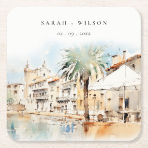 Mallorca Spain Watercolor Landscape Wedding Square Paper Coaster