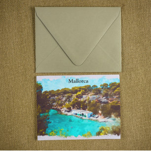 Mallorca Spain Watercolor Panoramic View Scenery Postcard