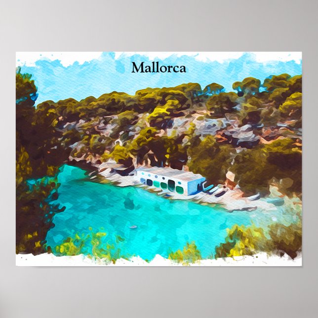 Mallorca Spain Watercolor Panoramic View Scenery Poster (Front)