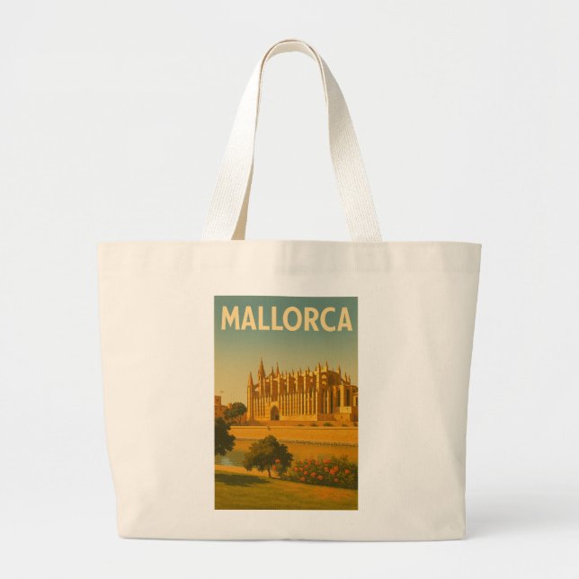Mallorca Vintage Retro Cathedral Large Tote Bag (Front)