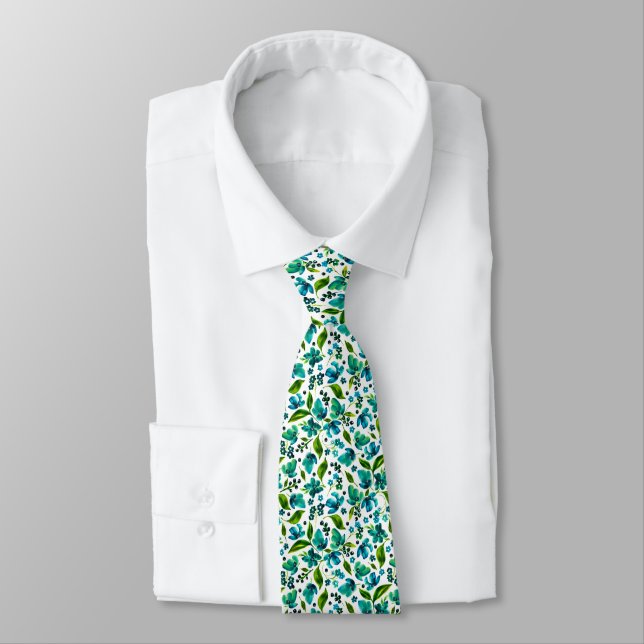 Mallorie Blue/Green Teal Watercolor Floral Tie (Tied)