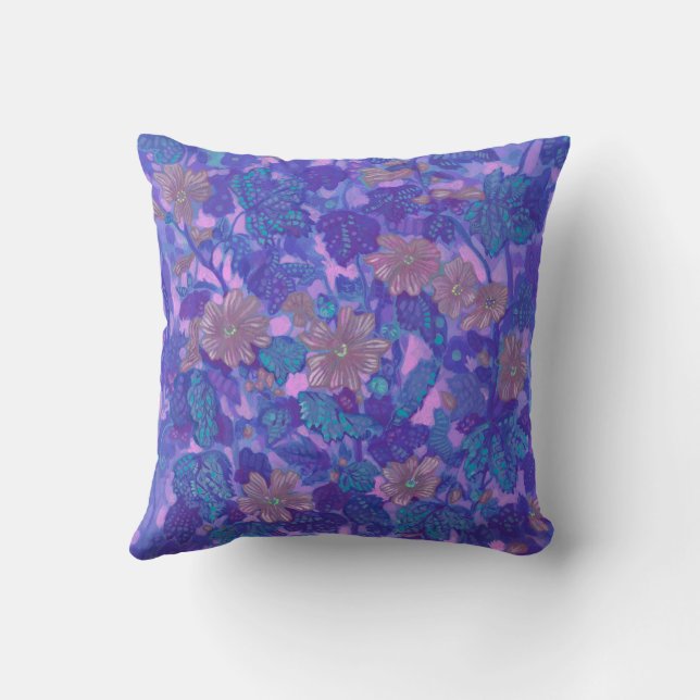 Mallow Bloom, Malva Flowers Floral Painting Purple Cushion (Back)