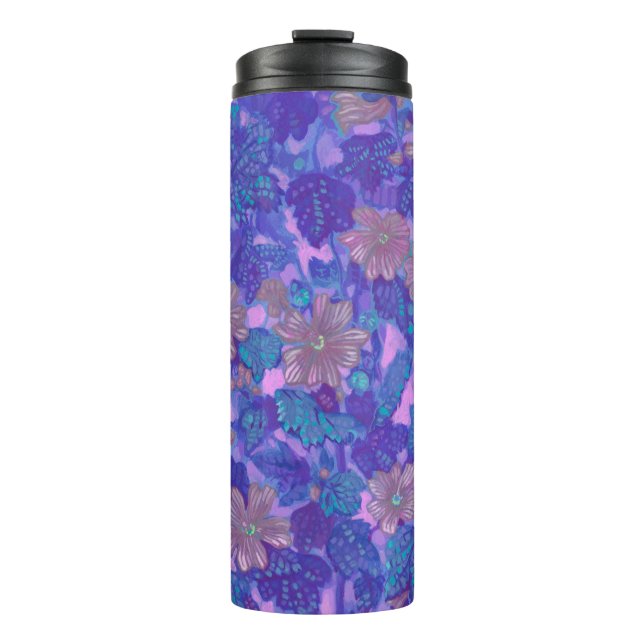 Mallow Bloom, Malva Flowers Floral Painting Purple Thermal Tumbler (Front)