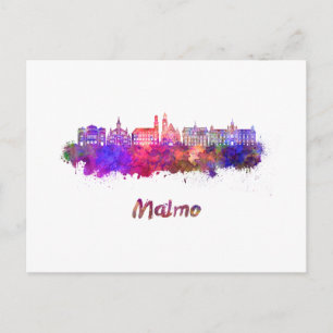 Malmo skyline in watercolor postcard