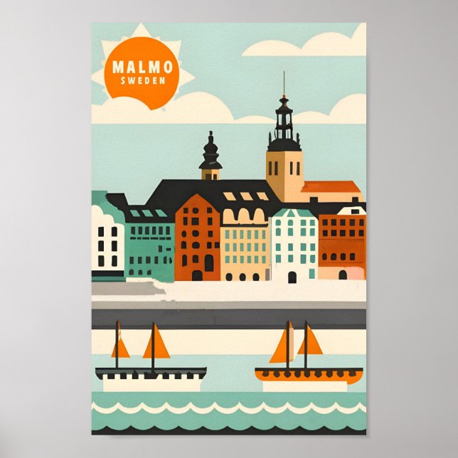 Malmo Sweden Art Vintage Travel Illustration Poster (Front)