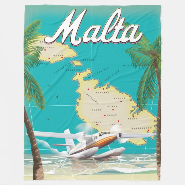 Malta beach & map travel poster fleece blanket (Front)