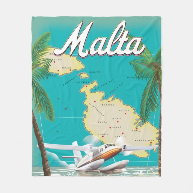 Malta beach & map travel poster fleece blanket (Front)