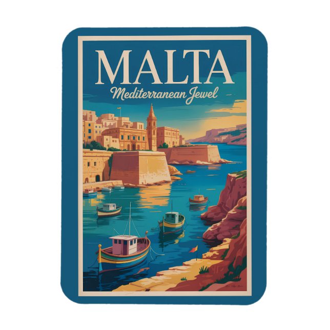 Malta Coast Illustration Travel Art Vintage Magnet (Vertical)