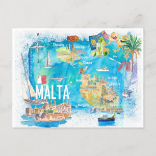 Malta Illustrated Island Travel Map with Roads Postcard