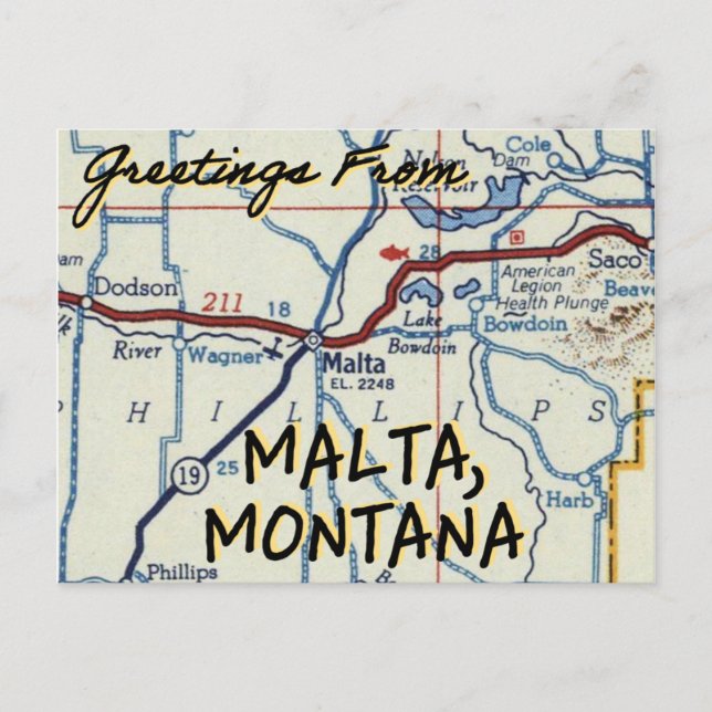 Malta Montana Vintage Map Postcard (Front)