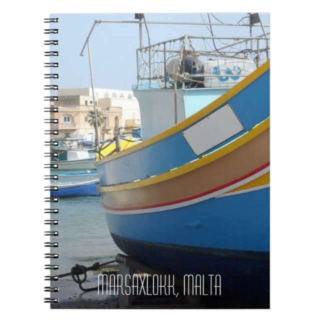 Malta Old Striped Fishing Boats in Marsaxlokk Spiral Notebook (Front)