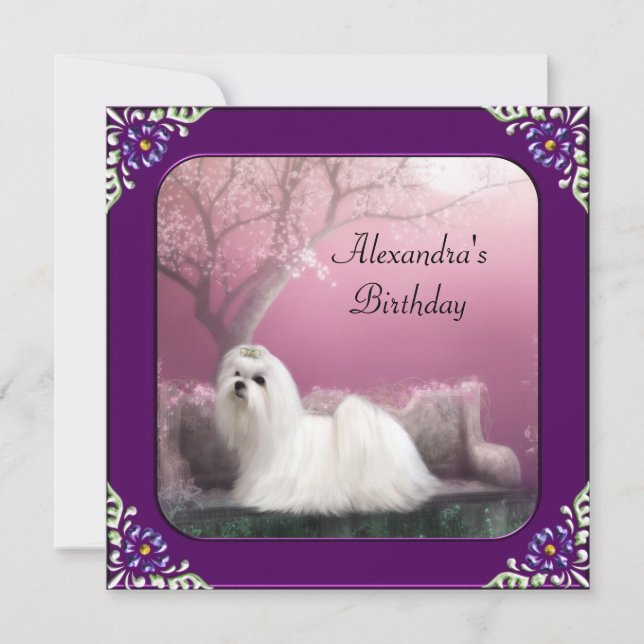 Maltese & Cherry Blossom Park Purple Frame Invitation (Front)