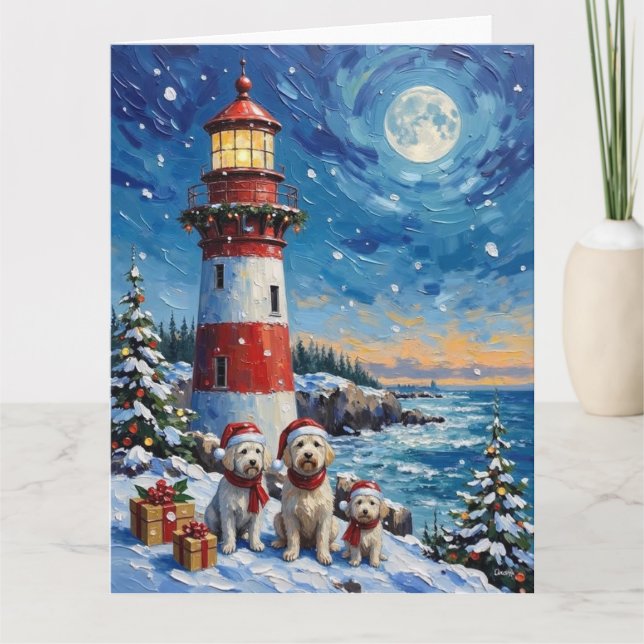Maltese Christmas Lighthouse Holiday Card (Front)