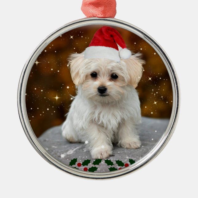 Maltese Christmas Puppy Metal Tree Decoration (Front)