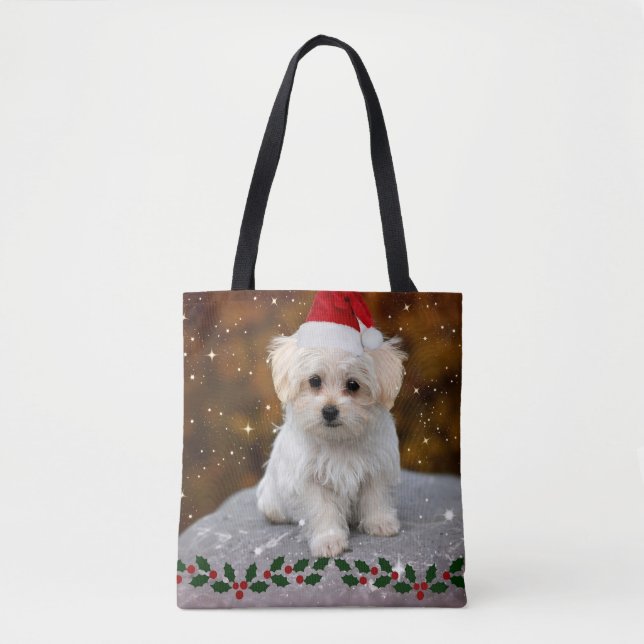 Maltese Christmas Puppy Tote Bag (Front)