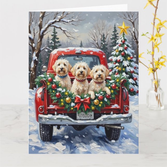 Maltese Christmas Red Truck Holiday Card (Yellow Flower)