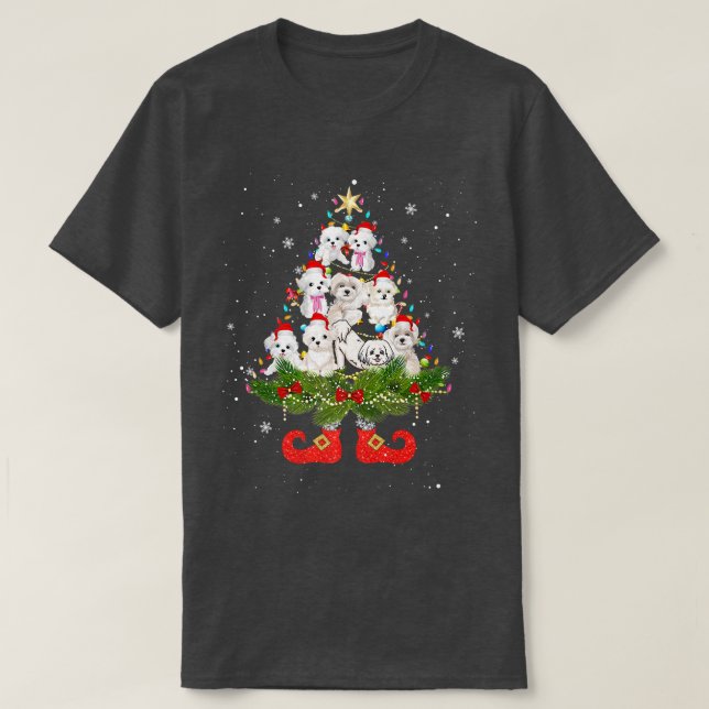 Maltese Christmas Tree Lights Cute Santa Hat Dog L T-Shirt (Design Front)
