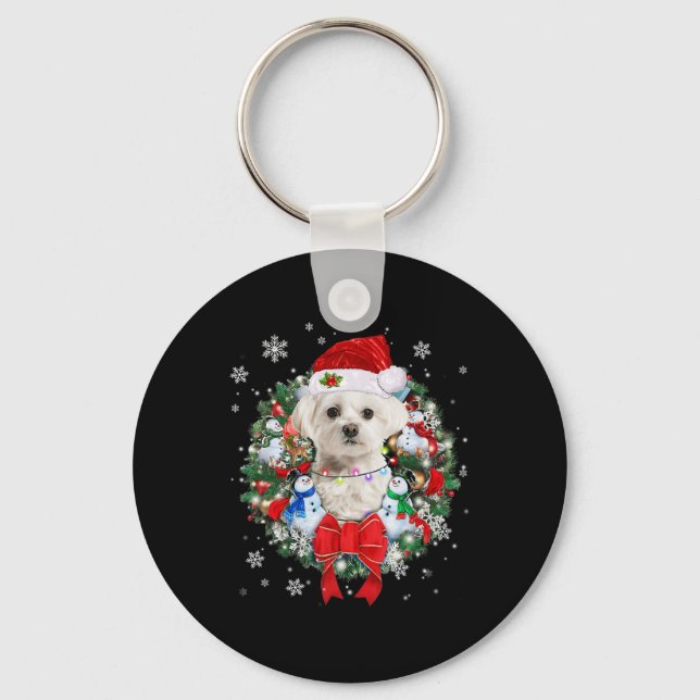 Maltese Christmas Wreath Decoration Xmas Pyjamas  Key Ring (Front)