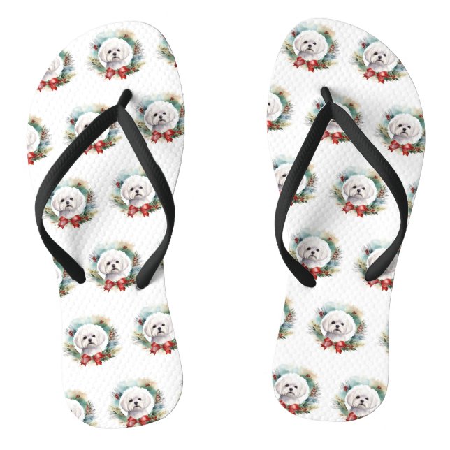 Maltese Christmas Wreath Festive Pup  Jandals (Footbed)