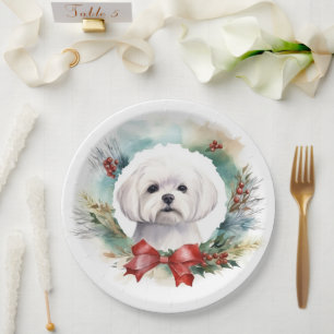 Maltese Christmas Wreath Festive Pup Paper Plate