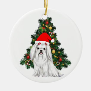 Maltese Christmas, Xmas Maltese Dog with Santa hat Ceramic Tree Decoration