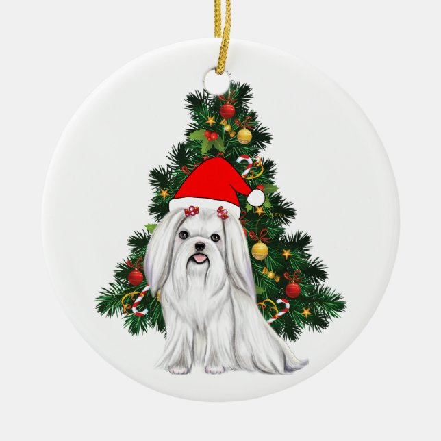 Maltese Christmas, Xmas Maltese Dog with Santa hat Ceramic Tree Decoration (Front)