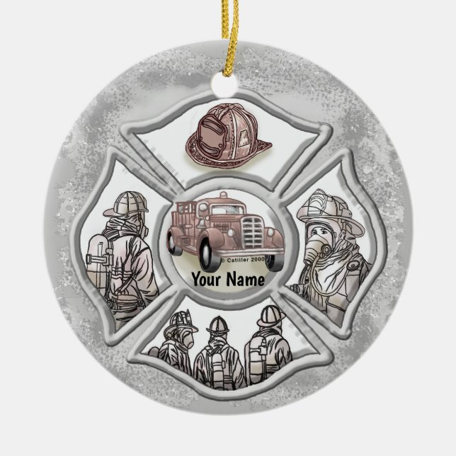 Maltese cross firefighter custom ceramic tree decoration (Front)