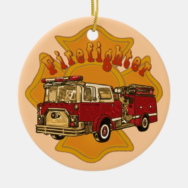 Maltese Cross Firetruck firefighter Ornament (Front)