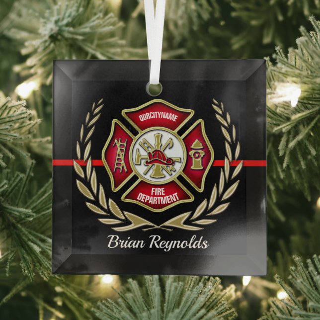 Maltese Cross Personalised Firefighter Ornament (Insitu)